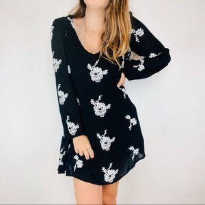 Free People Black and White Embroidered Mini Long Sleeve Dress